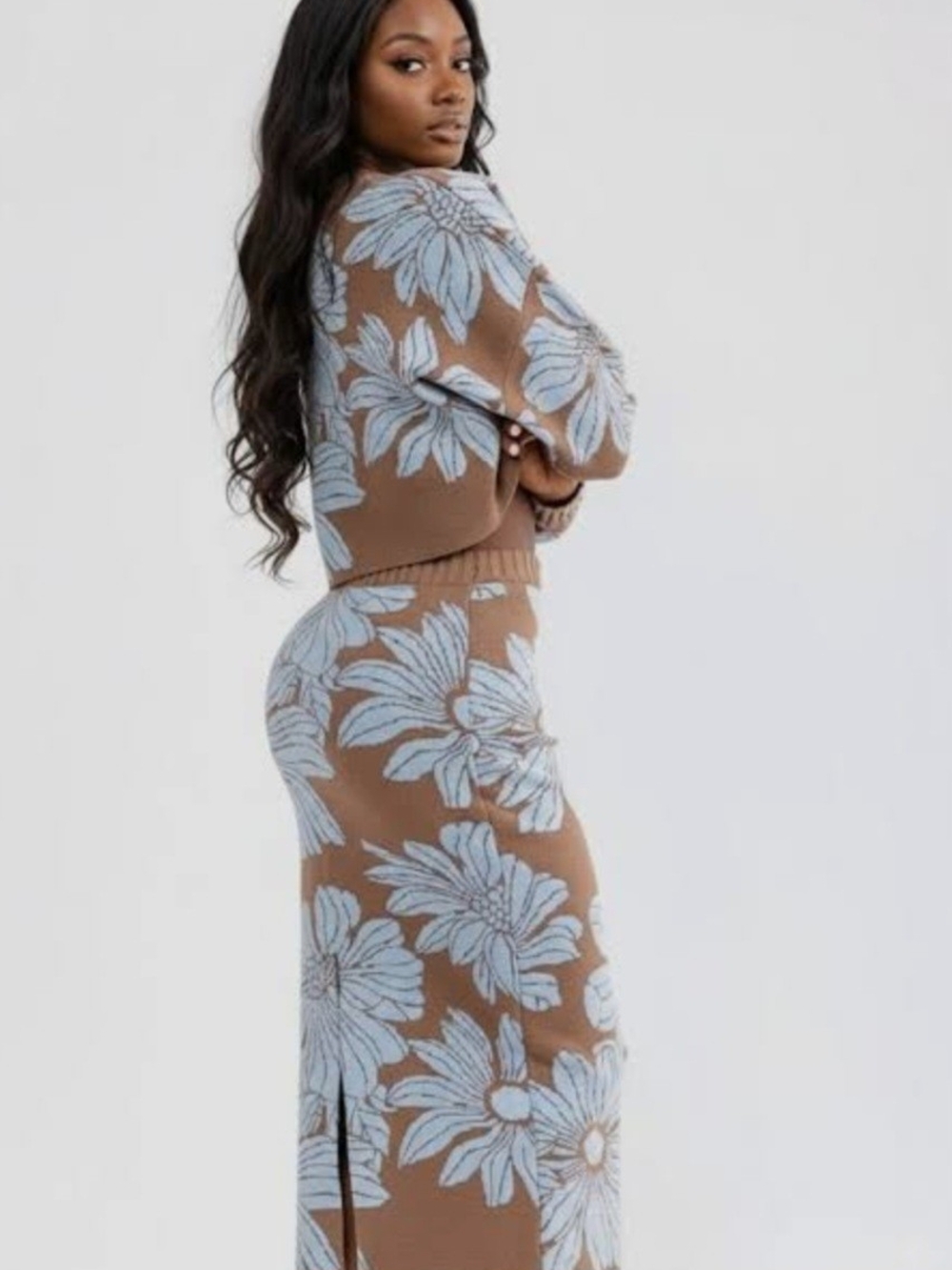 Promesa Brown Midi Skirt with Light Blue Floral Knit